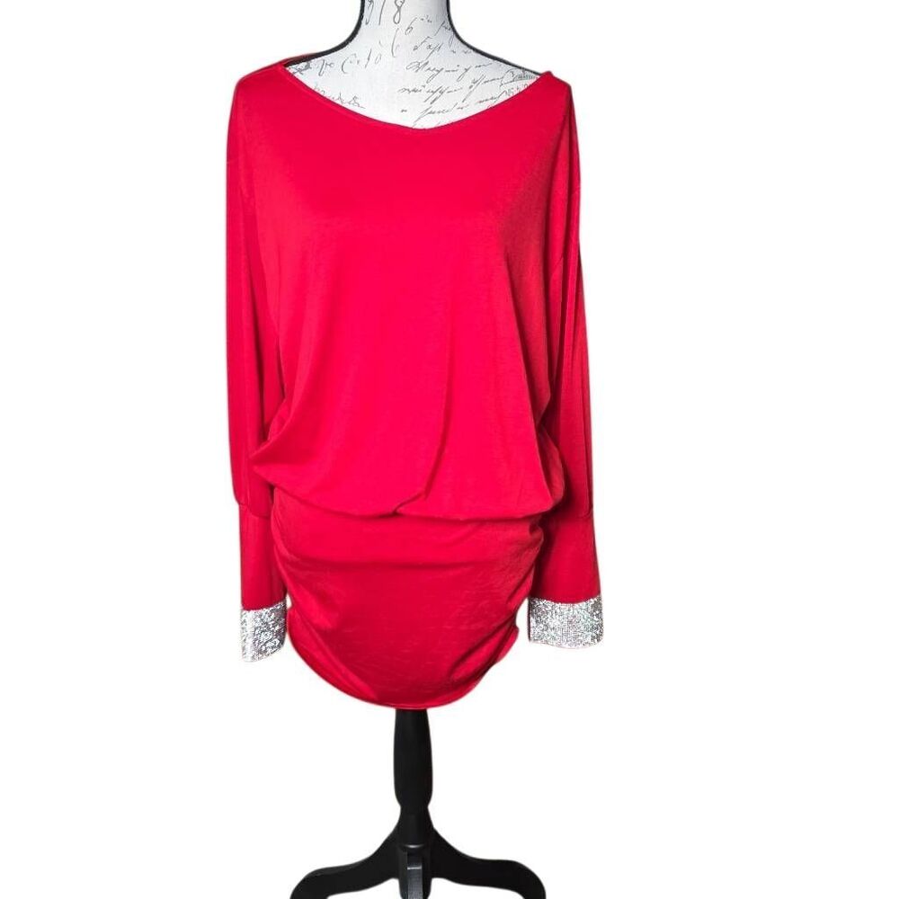 Women's Size Large Red Ruched Side Rhinestone Banded Long Sleeve Mini Dress